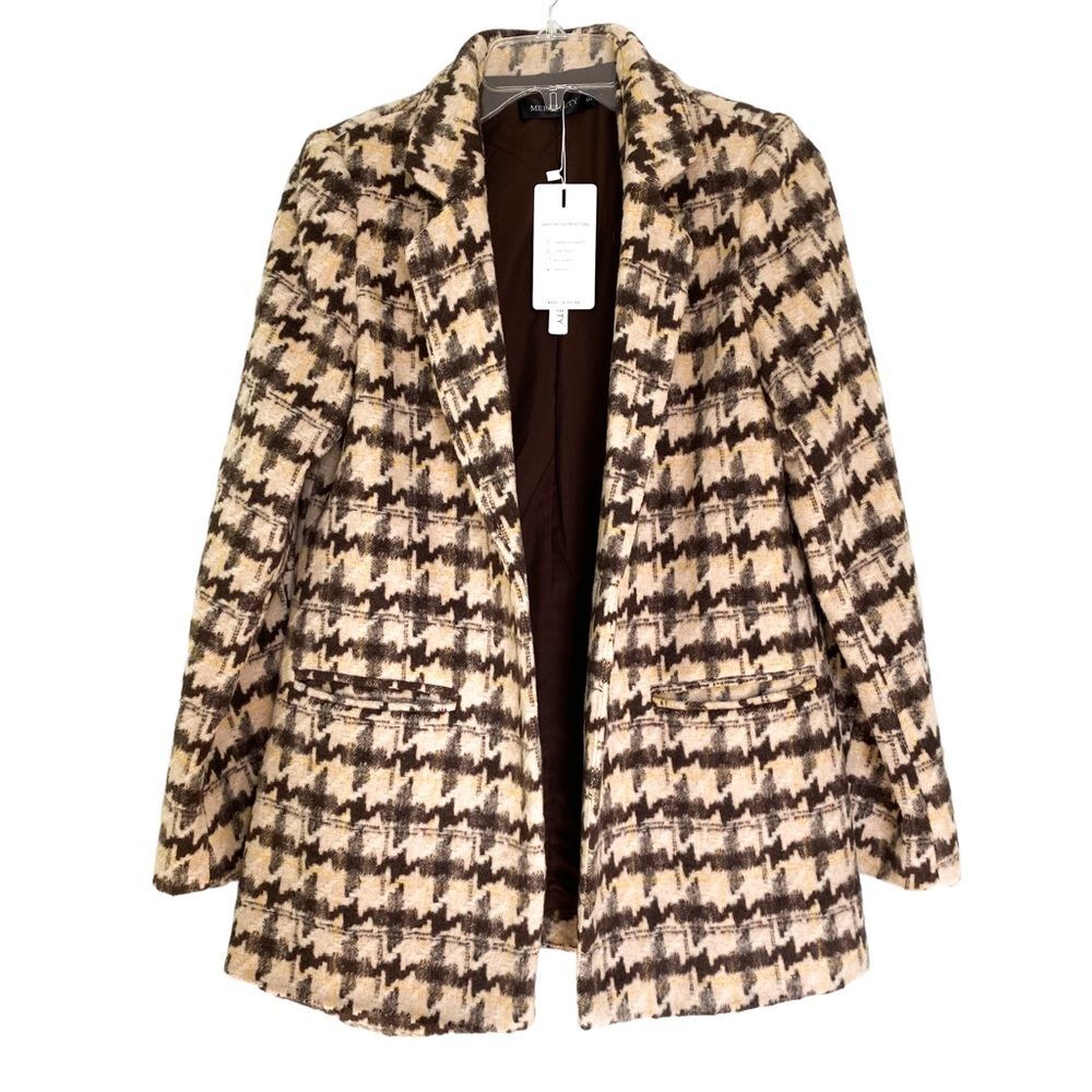 MEROKEETY Brown Tan Houndstooth Knit Blazer Soft Open Front Jacket Size Small